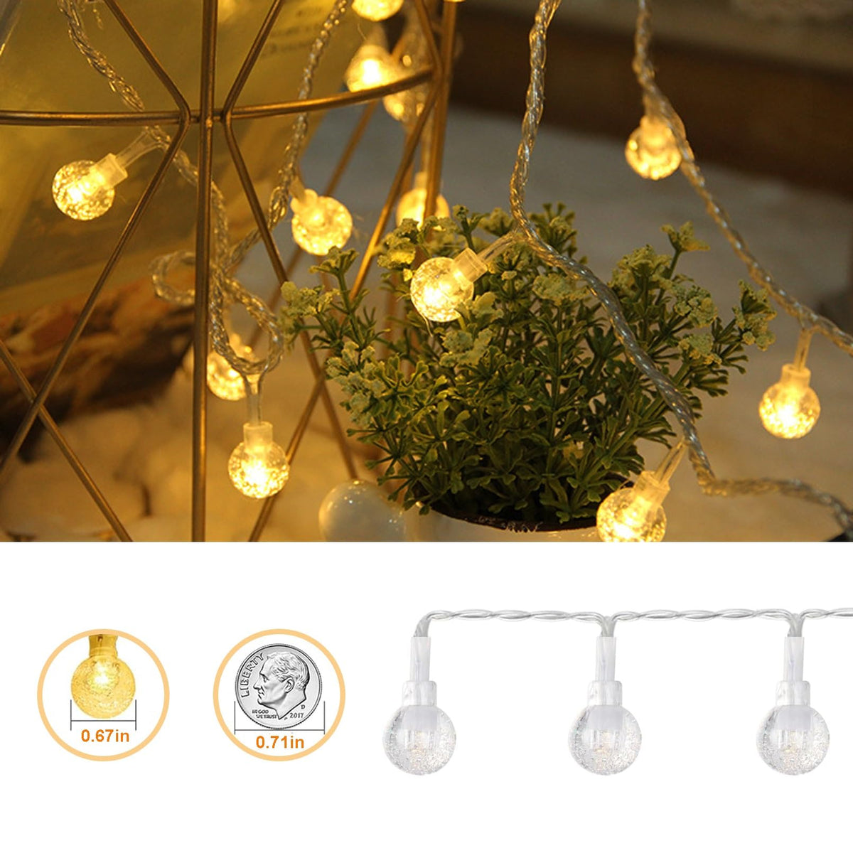 GTSYDING Bubble Globe String Lights USB Powered, 19.6 FT 40 LEDs 8 Modes Waterproof Hanging Crystal Ball Fairy Lights Remote for Indoor Bedroom Patio Party Decorations, Warm White