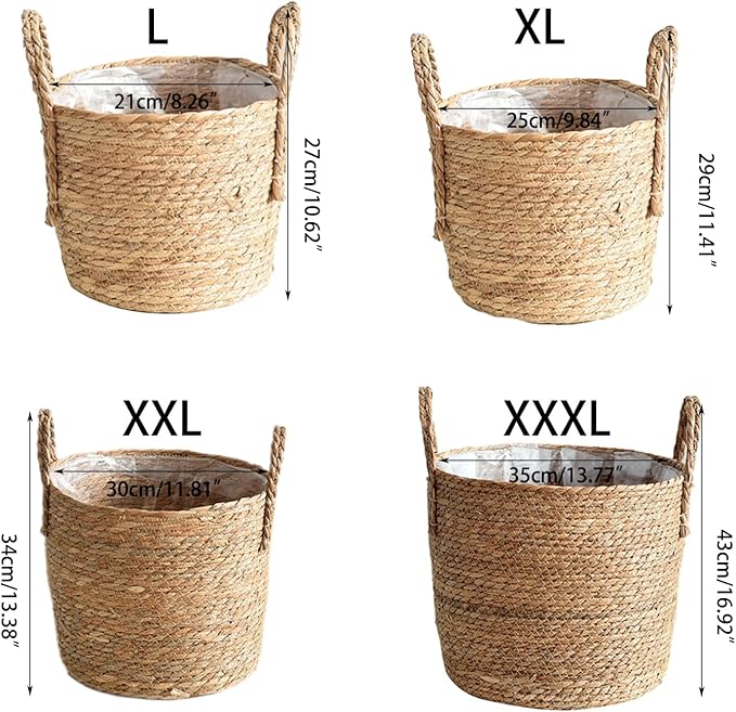 Woven Straw Flower Pot, Sea-Grass Planter Basket, Wicker Rattan Vase Sundries Organizers Storage Bins, Hand Woven Basket Planter with Plastics Liners and Handle - XL 9.84x9.84x12.2in