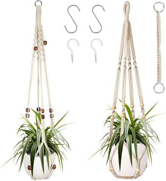Augshy Macrame Plant Hanger, 2Pcs Hanging Plant Holder with Extender Plant Hangers for Indoor Outdoor Decor Macrame Hanging Planter Basket with 4 Hooks
