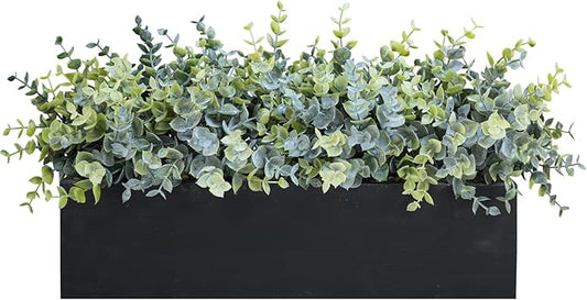 Winlyn 14" Artificial Eucalyptus Arrangement Faux Eucalyptus Plants in Black Rectangular Wooden Planter Box Artificial Potted Plant for Farmhouse Home Wedding Table Centerpiece Shelf Greenery Décor