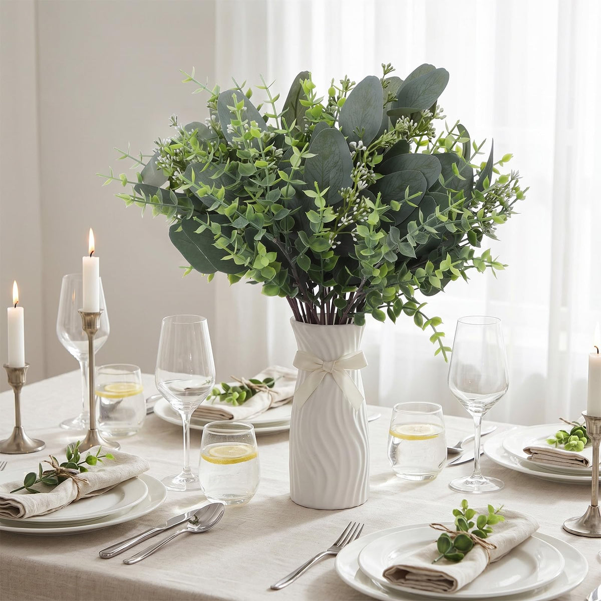 MSHHDK 100Pcs Mixed Eucalyptus Leaves Stems Bulk Artificial Eucalyptus Leaves for Home Wedding DIY Floral with White Seeds Mixed Artificial Greenery Stem Bulk for Bouquet Decor Arrangement