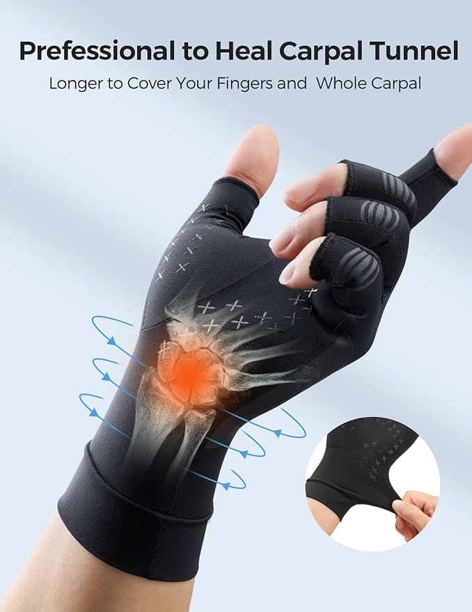 FREETOO Copper Arthritis Gloves for Carpal Tunnel Pain Relief, Strengthen Compression Gloves to Alleviate Hand Pains,Swelling, Fingerless Typing Gloves for Rheumatoid, Tendonitis Women/Men-XL