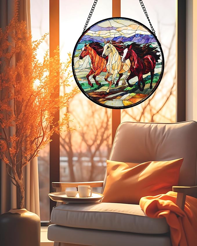 AMDERVEN Stained Glass Window Hanging, Galloping Horses Sun Catcher for Door Home Decor Colorful Suncatcher Christmas Mother's Day Birthday Gifts for Women Men Mom and Nana 7.8 in