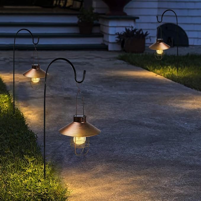HUYIENO 2Pack Solar Metal Hanging Lantern with Shepherd Hook Outdoor Led Garden Lights Brushed Copper