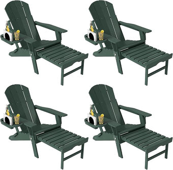 Adjustable Adirondack Chair with Retractable Ottoman Set of 4, HDPE Folding Adirondack Chair with Cup Holder, All Weather Fire Pit Chair for Outdoor, Dark Green