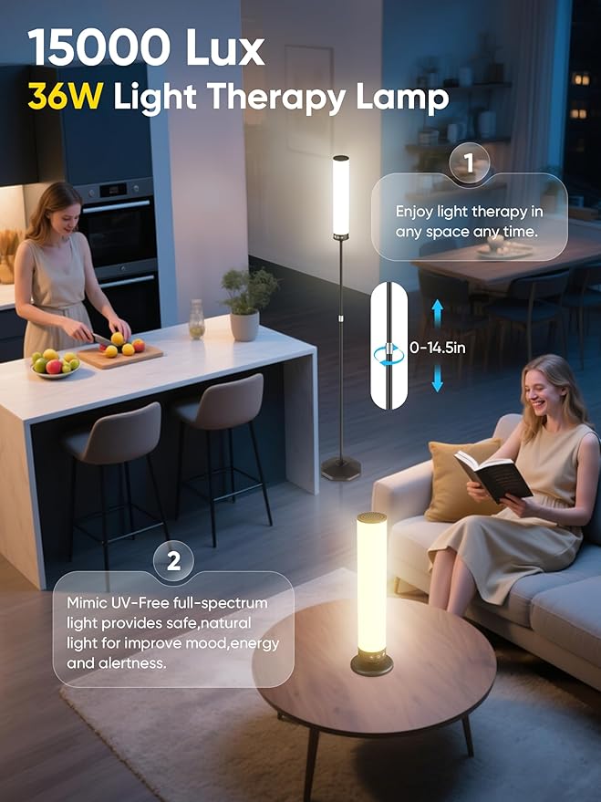 OYADISIIOP Light Therapy Lamp 15,000 Lux Happy Therapy Light with Remote, 2-in-1 Pedestal to Tabletop Lamp, Full Spectrum Daylight Lamp with Adjustable Color/Brightness/Timer, Memory Function, 36W