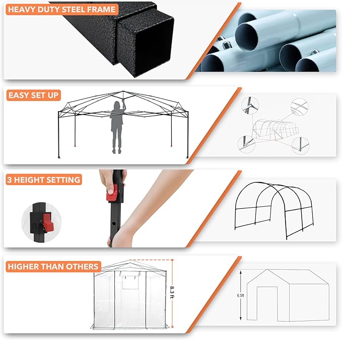 EAGLE PEAK Instant Pop-up Greenhouse, Indoor Outdoor Plant Gardening Green House, Roll-Up Zipper Doors and Side Windows & Winter Support Pole, Heavy Duty Walk in 12x8 ft, Woven PE Cover, White