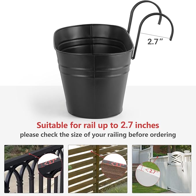 Dahey 5 Pcs Metal Iron Hanging Flower Pots for Railing Fence 15.7 Inch Hanging Bucket Pots Countryside Style Window Flower Plant Holder with Detachable Hooks for Garden Yard Home Decor, Black