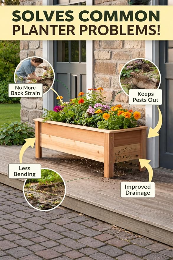 Cedar Raised Garden Bed Planter Box with Legs – Heavy Duty Outdoor Wooden Planter for Vegetables & Flowers, No Bending Elevated Design, Custom Size, Handmade in USA (60in x 15.5in x 16in)