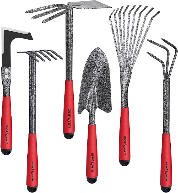FLORA GUARD Garden Tool Set, 6-Piece Heavy Duty Gardening Hand Tools with Soft Rubber Handle, Includes Trowel, Rake, 2-in-1 Hoe & Crack Weeder, Durable Yard Tools, Christmas Garden Gift for Men Women