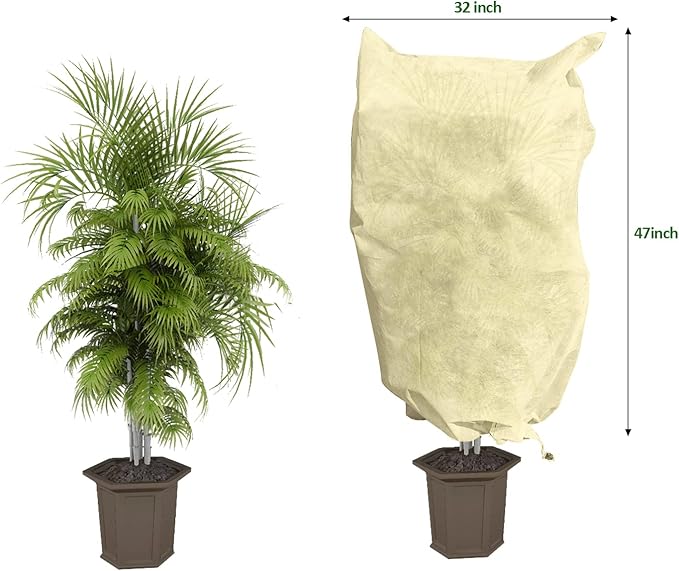 EAONE 12 Pack Plant Covers Freeze Protection, 32x47'' Winter Frosts Cloth for Outdoor Plants, Reusable Frost Blankets Drawstring Bags for Cold Freeze Sun Protection Bird Insect Prevention,Beige
