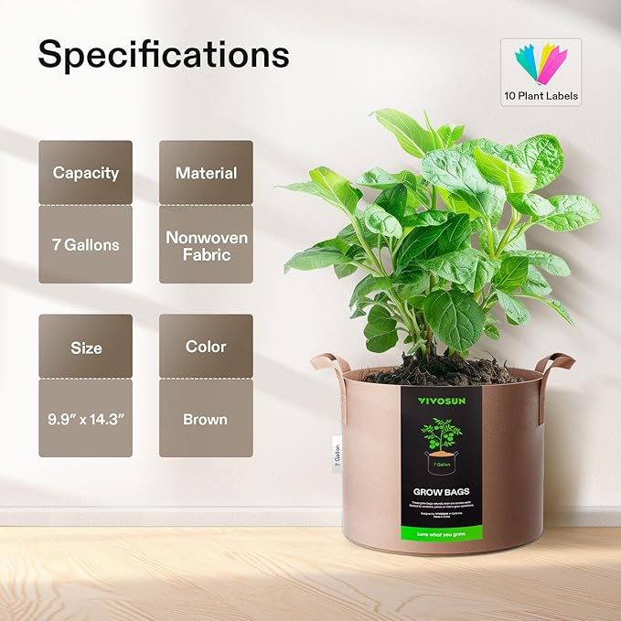VIVOSUN 5-Pack 7 Gallons Grow Bags Heavy Duty Thickened Nonwoven Fabric Pots with Strap Handles Tan