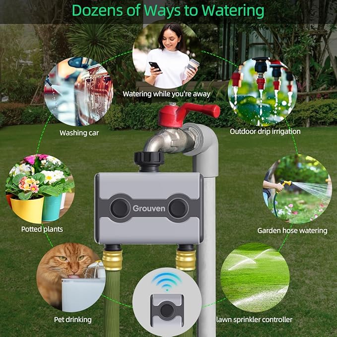 WiFi Sprinkler Timer 2 Outlet Water Timer with Rain Delay APP Control via 2.4Ghz WiFi and Bluetooth Outdoor Watering Automate Water & Sprinkler Schedules for Garden