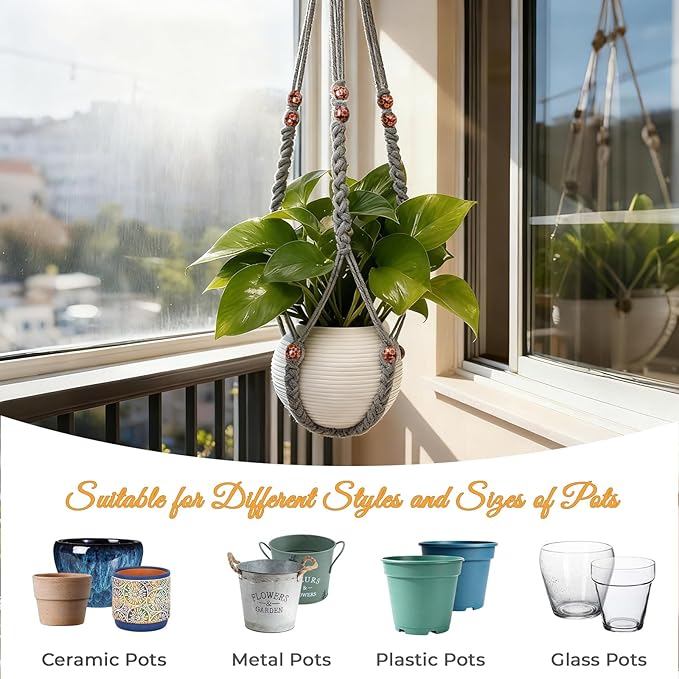 HOREAKHJ 35 Inch Macrame Plant Hanger, Large for up to 15 Inch Pot Extra Long Hanging Planter Holder Basket with Wood Beads for Indoor Outdoor Home Decor (Grey, 1-Pack)