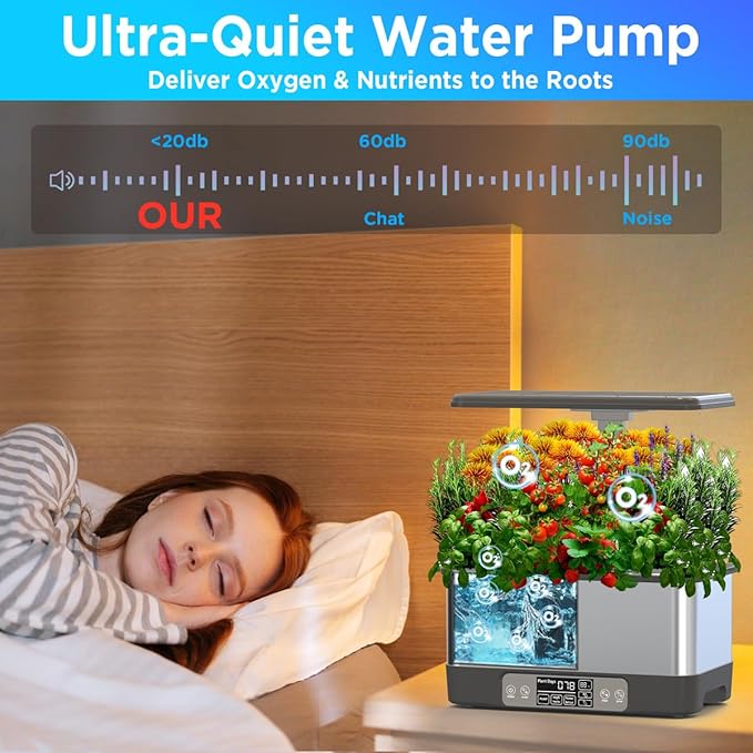 Hydroponics Growing System Indoor Garden, Smart Indoor Herb Garden with Grow Light, in Door Gardening System 8 Pods, APP & WiFi Control, Auto Timer, Quiet Pump, Stainless, Gift for Women Mom, Gray