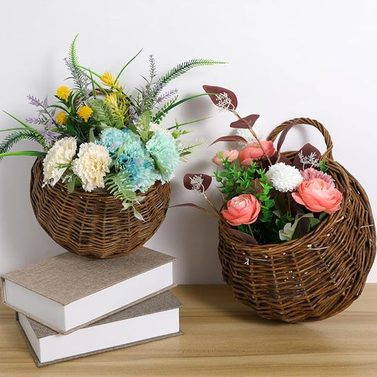 Yardwe Wicker Planter Wall Hanging Flower Pot Set - Rattan Hanging Basket for Indoor Outdoor Garden Decor 2 Pieces 4.7X10.5X4.7 Inches