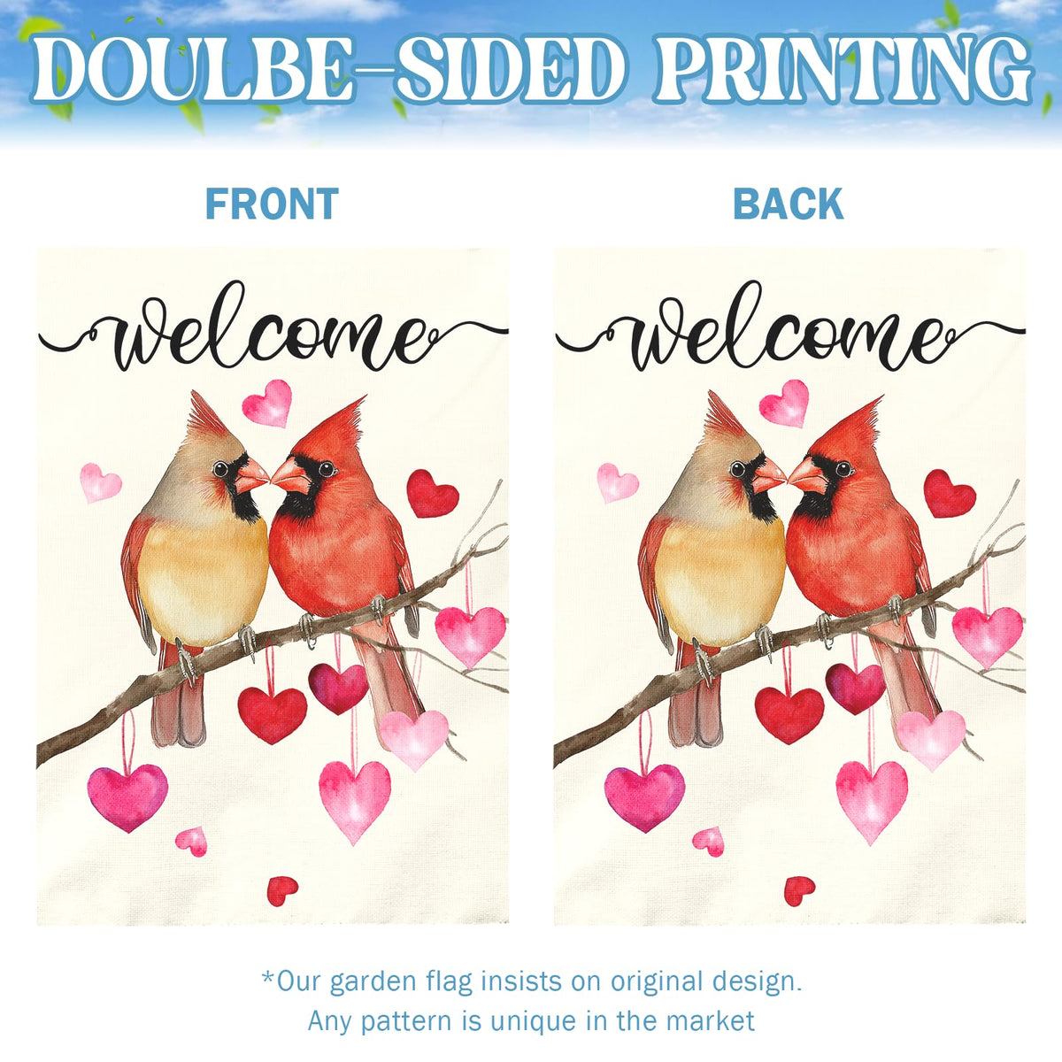 Dacawin Welcome Valentine's Day Garden Flag Cardinal Love Heart Vertical Double Sided House Banner Holiday Anniversary Wedding Red Birds Large Yard Flags Farmhouse Valentines Day Decor 28 x 40 Inch