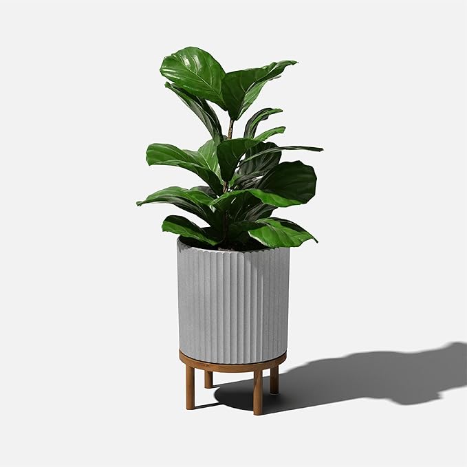 Veradek Demi Series Round Planter w/ Stand for Porch/Patio | Durable Plastic-Concrete & Wooden Stand | Modern Décor for Tall Plants, Flowers