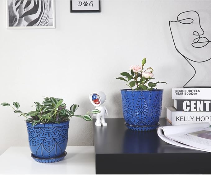 Gepege 6 Inch Beaded Ceramic Planter Set of 2 with Drainage Hole and Saucer for Plants, Indoor-Outdoor Large Round Succulent Orchid Flower Pot (Blue, for Inner-pots not Larger Than 5 Inch)