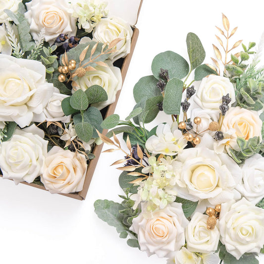 Ling's moment Fake Flowers Box, White & Sage & Gold Grand Combo