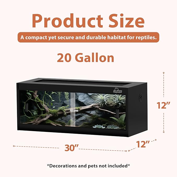 20 Gallon PVC Reptile Enclosure, RepWild 30"x12"x12" Terrarium/Tank with Heavy-Duty Screen Top, Glass Sliding Doors & Lock for Bearded Dragons, Ball Python, Geckos, Lizards