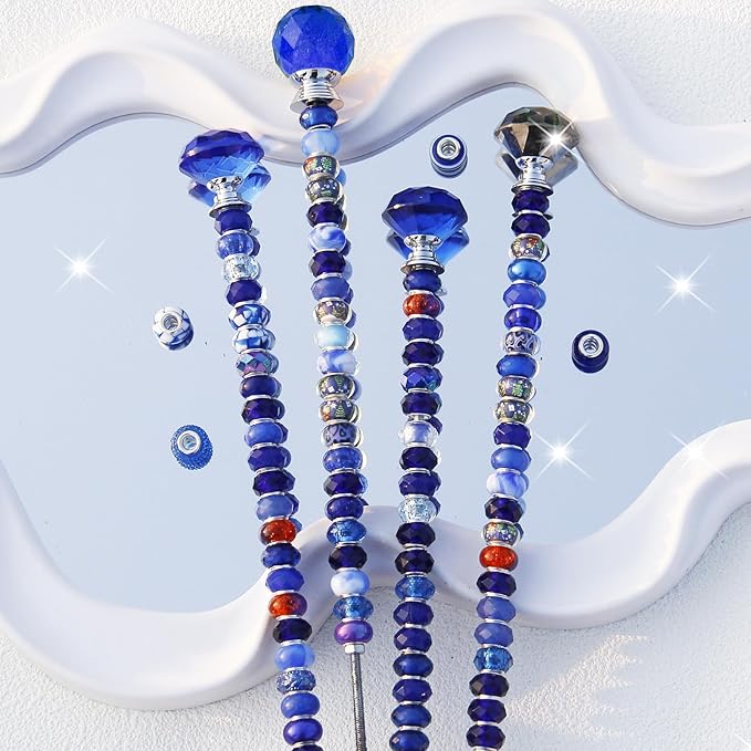 119 Pcs Garden Stake Diy Fairy Wand Plant Stake with Dark Blue Large Hole Beads Crystal Diamond Stopper Top 4 Stainless Steel Threaded Rod Beaded Garden Stakes For Outdoor Indoor Plant Pot Decorations