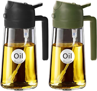 YARRAMATE 2Pcs 16oz/470ml Glass Olive Oil Sprayer for Cooking with Stickers, 2 in 1 Oil Dispenser for Kitchen Gadgets, Food Grade Premium Spray Bottle for Salad, BBQ (Black&OliveGreen)