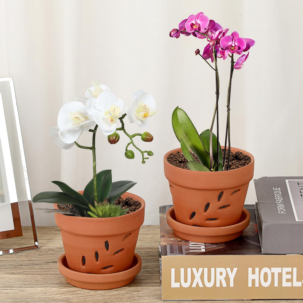JUXYES 4" Hollowed Out Small Terracotta Orchid Pots with Holes and Saucer