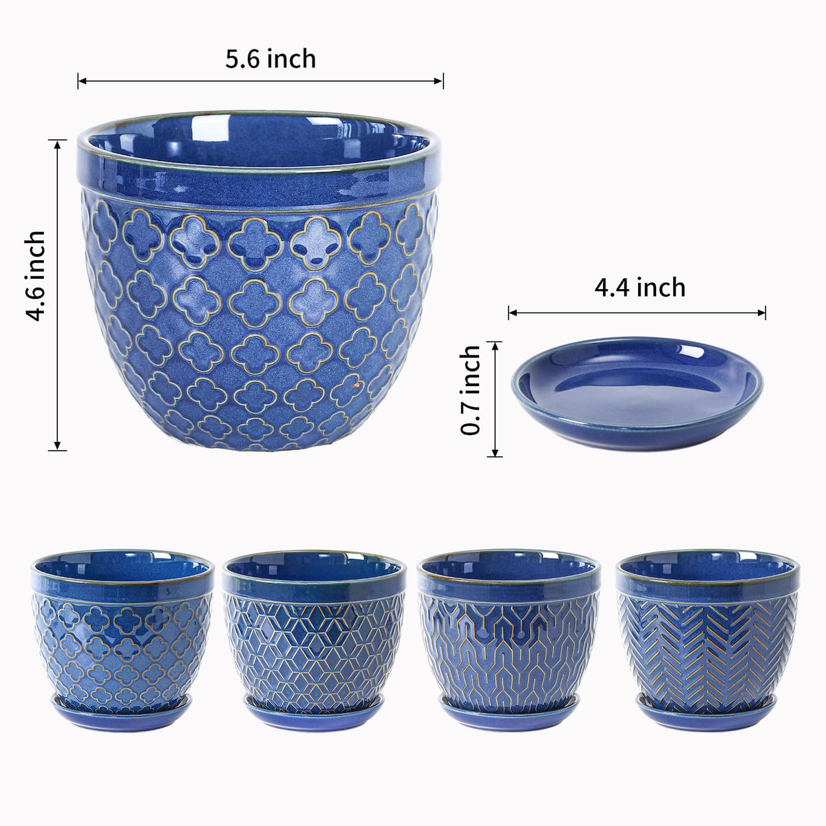 Sureasy Ceramic Indoor Plant Pots - 5.6 Inch Flower Pots for Plants with Drainage Hole and Saucer, Embossed Planter for Succulents, Orchid, Cactus, Indoor Home Decor, Set of 4, Blue