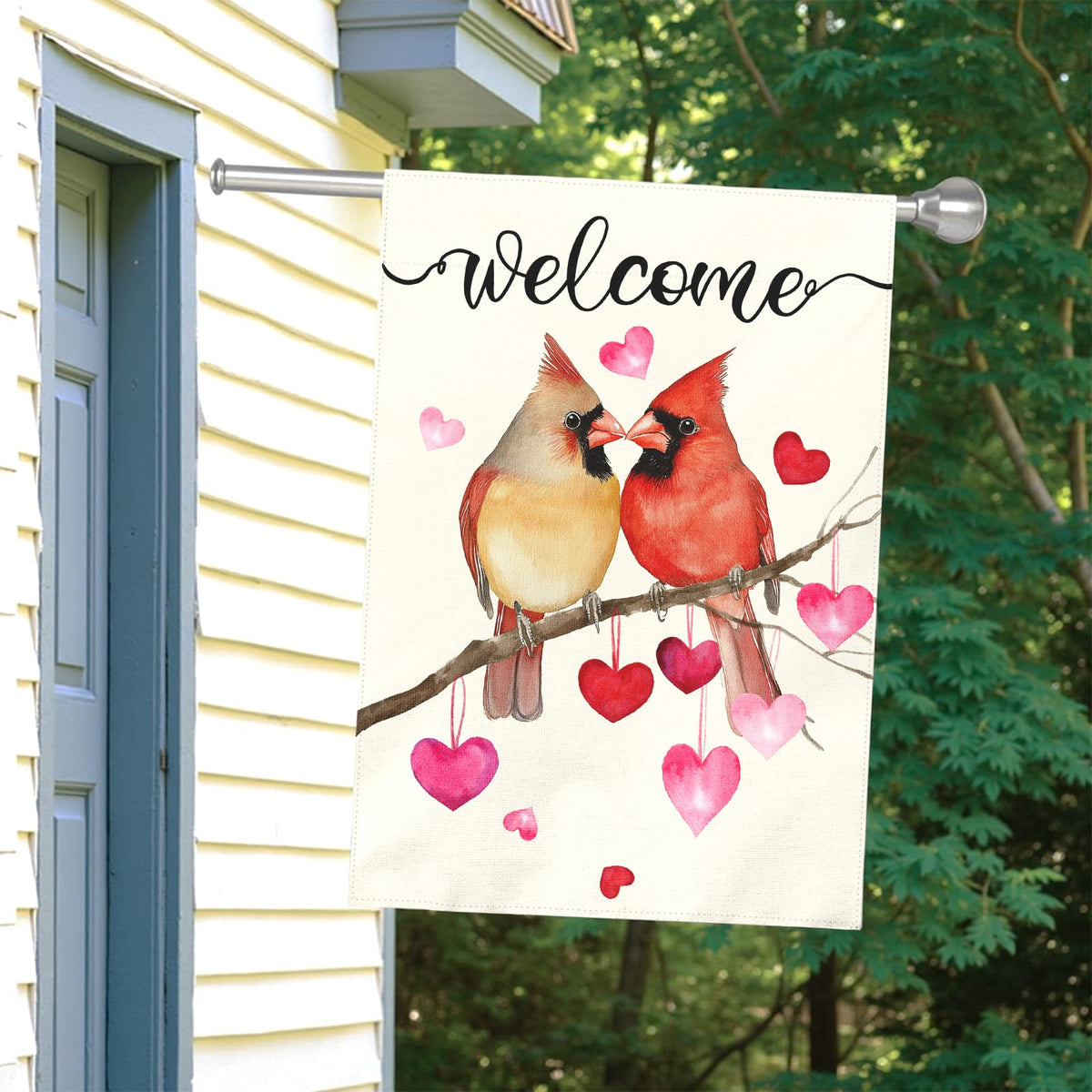 Dacawin Welcome Valentine's Day Garden Flag Cardinal Love Heart Vertical Double Sided House Banner Holiday Anniversary Wedding Red Birds Large Yard Flags Farmhouse Valentines Day Decor 28 x 40 Inch