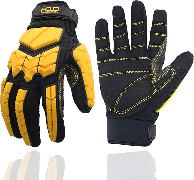 HANDLANDY Anti Vibration Gloves, SBR Padding, TPR Protector, Mechanic Work Gloves (Large, Black)
