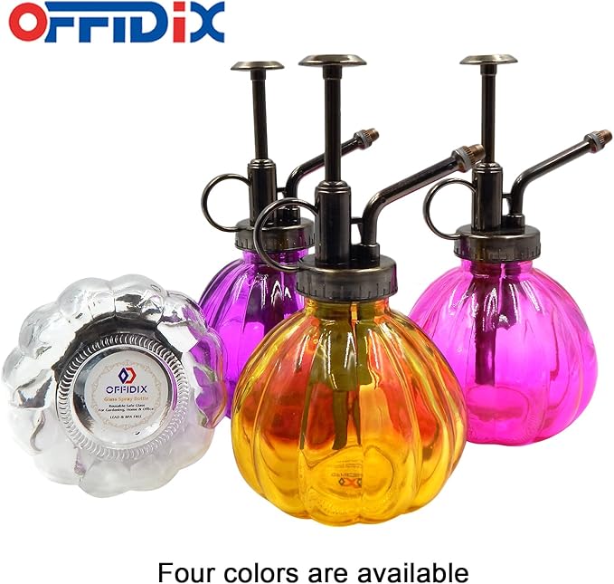 OFFIDIX Transparent Glass Watering Spray Bottle, 6.3 Inches Tall Vintage Style with Bronze Plastic Top Pump One Hand Plant Mister Glass Watering Can Indoor