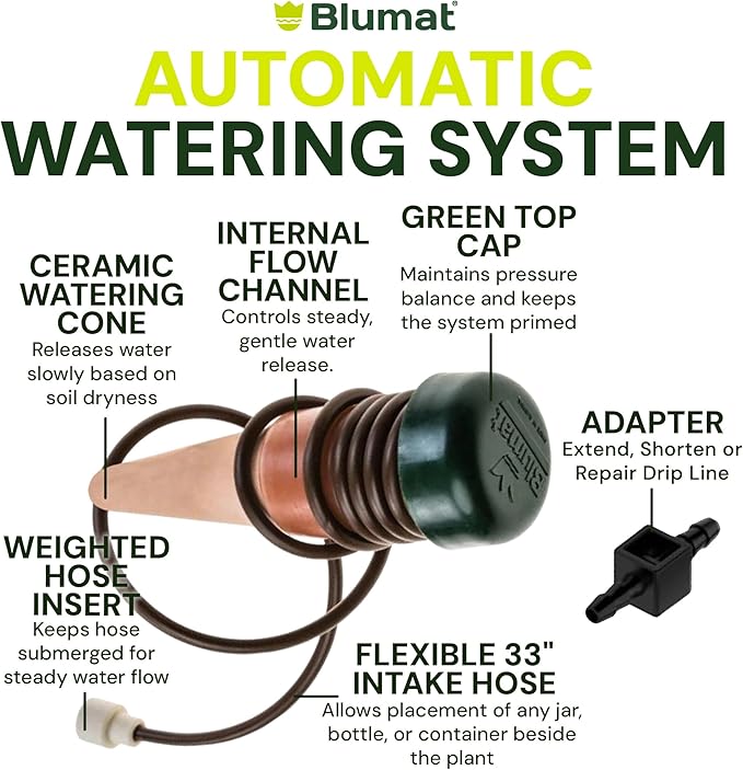 Blumat Classic Self-Watering Stakes - Automatic Drip Irrigation System for Indoor Plant Watering & Outdoor - Water Drip Solution for Potted Plants - Slow Release Stakes, 10 Pack, w Adapter