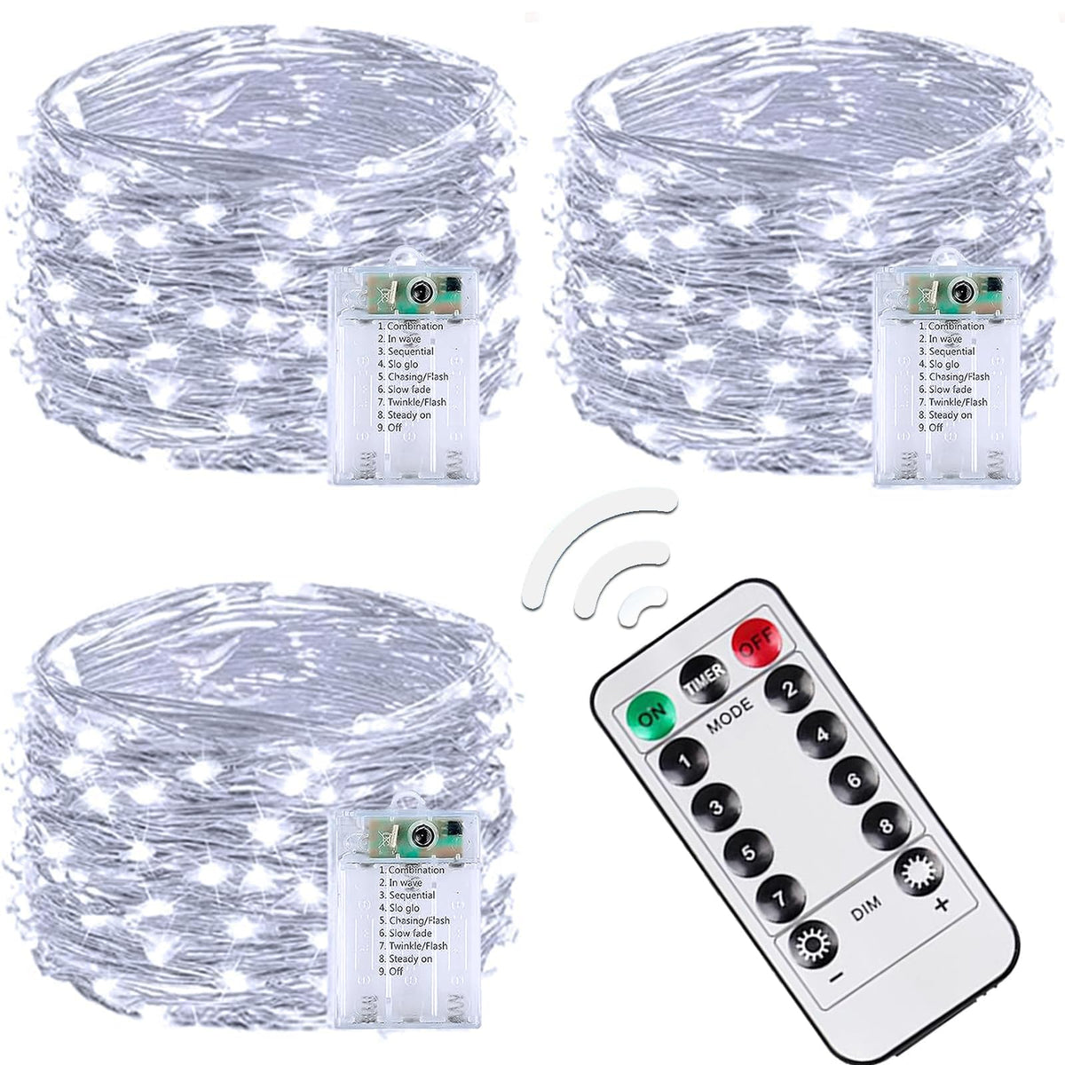 3 Pack 60 LED Fairy Lights Battery Operated with Remote, 20 FT Cool White