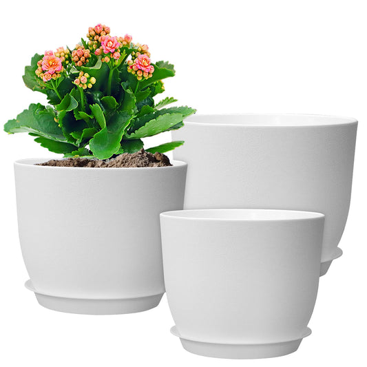 WSMKSZ 10/9/8 inch Medium Flower Pots, 3 Pack Modern Decorative Plastic Planters with Drainage Holes and Tray, Plant Pots for Indoor Outdoor Plants, White