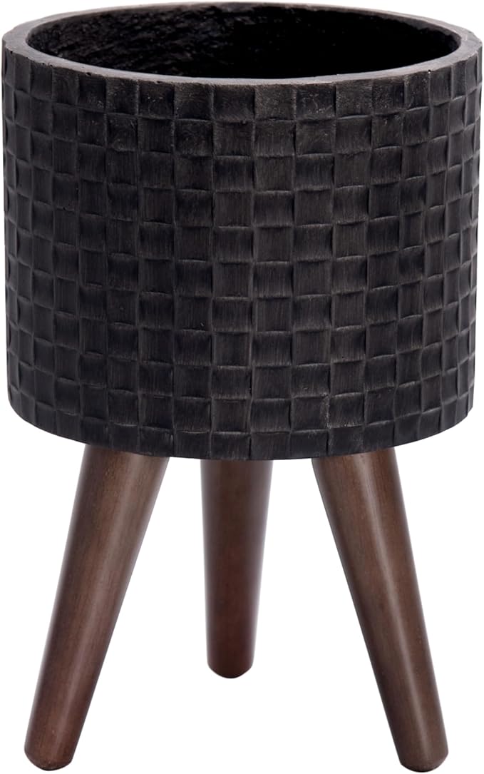 D'vine Dev 8 Inch Modern Geometric Tile Patterned Sleek Planter Pot with Stand, Indoor Outdoor Decorative Plant Holder, Distressed Black, 88-Z-A-5