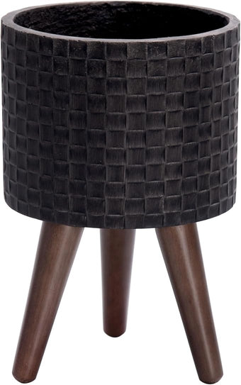 D'vine Dev 8 Inch Modern Geometric Tile Patterned Sleek Planter Pot with Stand, Indoor Outdoor Decorative Plant Holder, Distressed Black, 88-Z-A-5