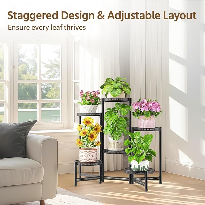 LASZOLA 6 Tiered Folding Tall Plant Stand for Indoor Outdoor Corner, Larger Heavy Duty Metal Adjustable Multiple Rack with 10 Inch Wide Hollow Tray, Flower Planter Holder for Modern House Patio, Black