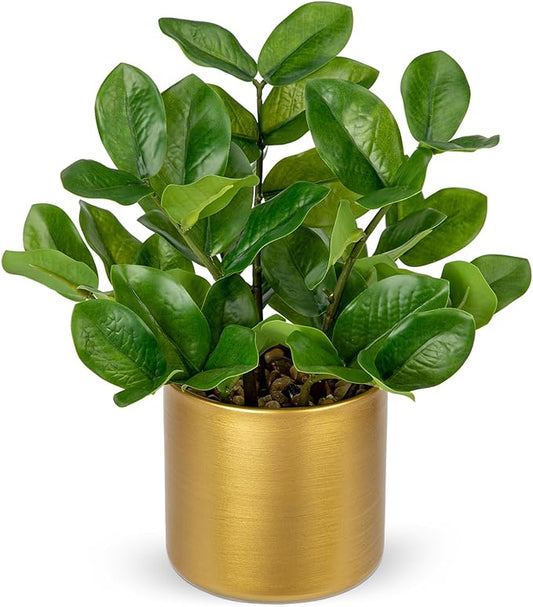 Briful Faux Plants Indoor Artificial ZZ Plant with Gold Pot 11.8in Realistic Fake Silk Plants for Home Office Bathroom Kitchen Dining Table Centerpiece Decoration