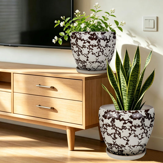 Ceramic Plant Pots With Saucer & Drainage, 8 inch Indoor Flower Pots