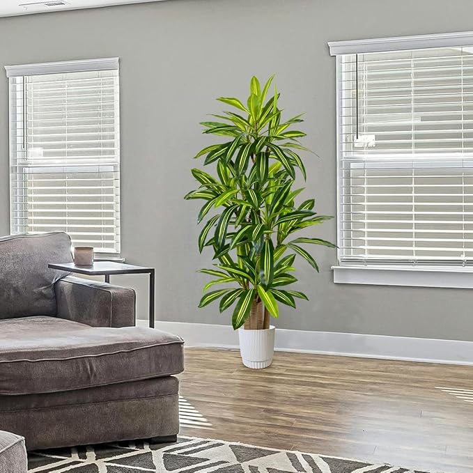 Artificial Dracaena Tree 6ft, Fake Yucca Plant with White Planter and Lifelike Leaves, Faux Dracaena Tall Floor Trees for Home Office Garden Décor