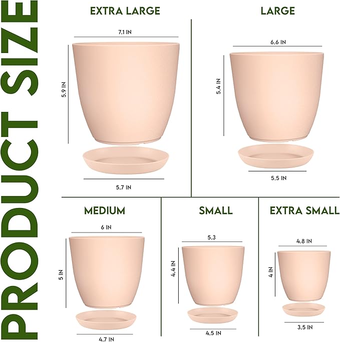 Utopia Home - Plant Pots with Drainage - 7/6.6/6/5.3/4.8 Inches Home Decor Flower Pots for Indoor Planter - Pack of 5 Plastic Planters, Cactus, Succulents Pot - Pink