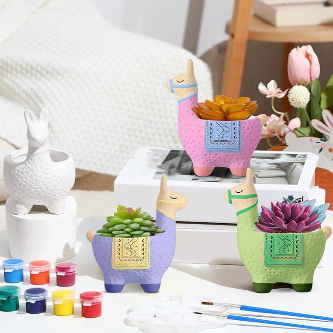 Pasimy 6 Set Ceramics to Paint DIY Ceramic Succulent Planter Pots Paint Your Own Flower Pots Craft Kit Unpainted Bisque Flowerpot with Brush Palette for Family Activity Holiday Gifts(Alpaca)