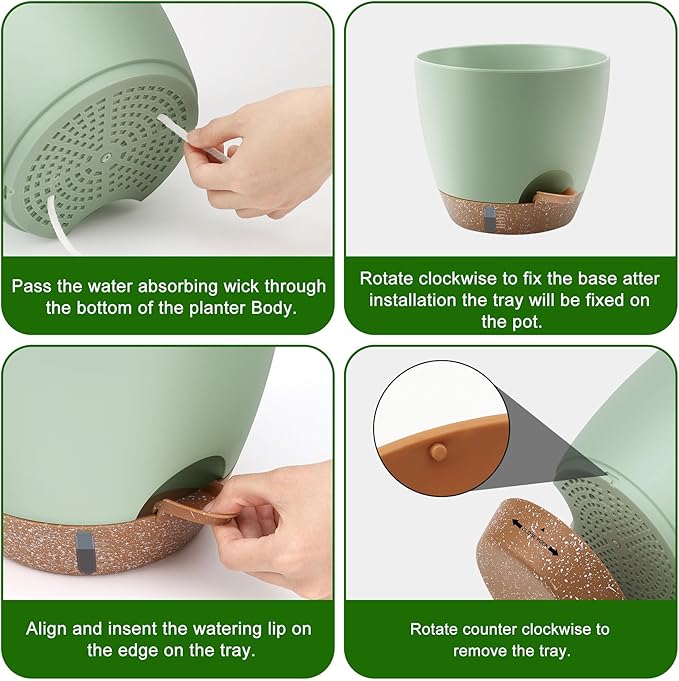 Self-Watering Plant Pots with Water Level Indicator, Drainage Holes & Saucers – 12/10/9 Inch Large Plastic Planter Set for Indoor & Outdoor Plants (Green)