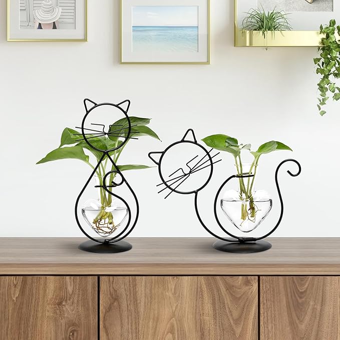 Plant Terrarium Plants Propagation Station Cat Lover Gifts for Women Home Office Decor Cat Desk Accessories