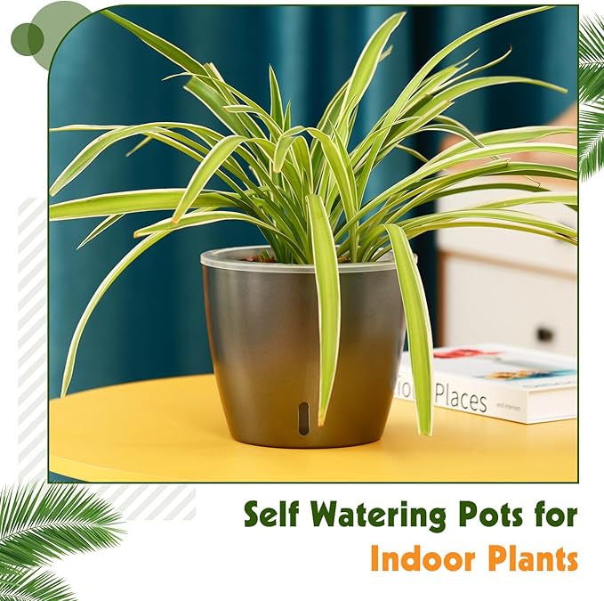 KvyusFlourish Self Watering Pots for Indoor Plants, 6-Pack 5'' Self Watering Planter with Drainage Holes, Small African Violet Pots with Water Indicator, Clear Wick Orchid Pot, Grey Gold