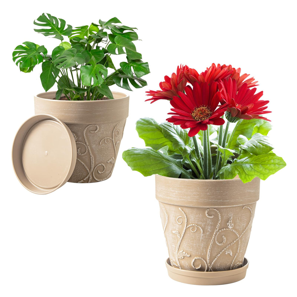 Melphoe Plant Pots Indoor with Drainage & Saucer, 2Pack 7/8 inch Flower Pots Outdoor Planters for Indoor Plants Garden Home Decor Cactus Succulent, Rigid Plastic (Imitation-Terracotta) Vine-Embossed