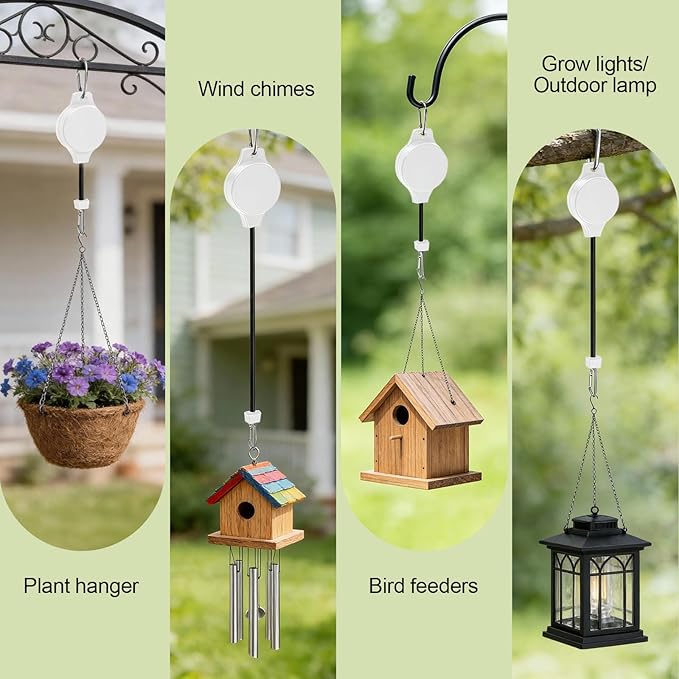 TERVEEX Retractable Plant Hanger with Pulley System, Effortless Raising and Lowering for Indoor and Outdoor Plants, Hanging Planters, Garden Pots & Bird Feeders (4-Pack,White)