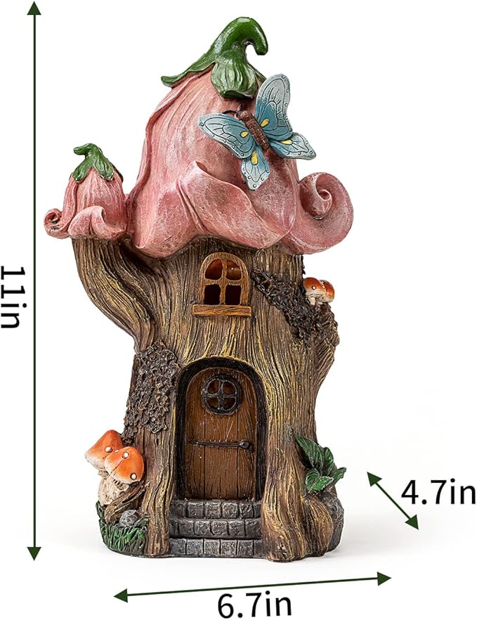 Fairy Garden Accessories Outdoor Statues, Mushroom House Decor,Large Gnome Solar Powered Lights Sculptures,Pink Resin Figurine Butterfly Figurines Lawn Ornaments for Patio Yard Decorations 11Inch