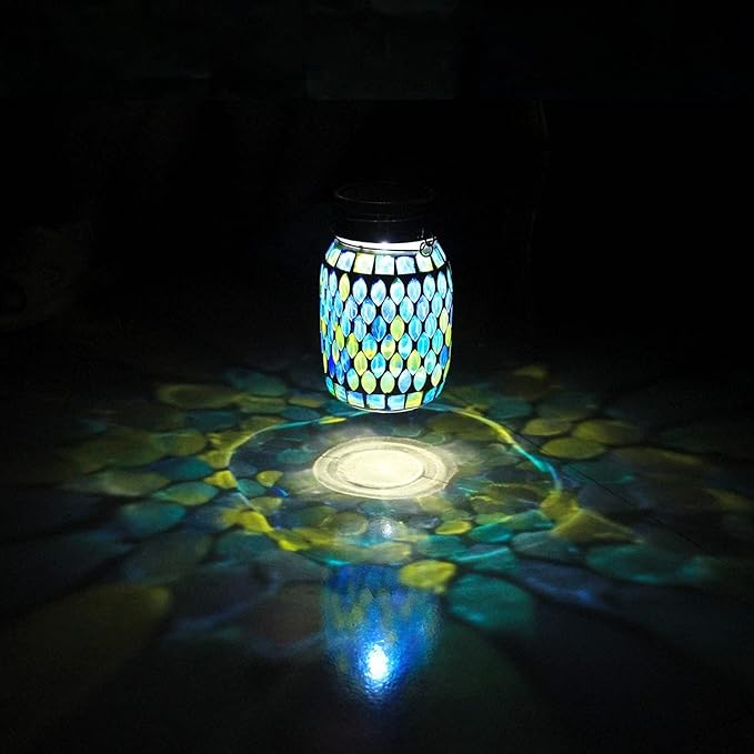 Solar Mosaic 2pack Outdoor Waterproof Cool Blue Mosaic jar Decor Christmas Gifts for Women Mom Grandma Halloween Hanging Solar Lights Decoration Outside for Yard, Patio,Backyard,Porch (Contemporary)